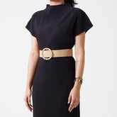 Beige elastic rattan belt with chain trim buckle